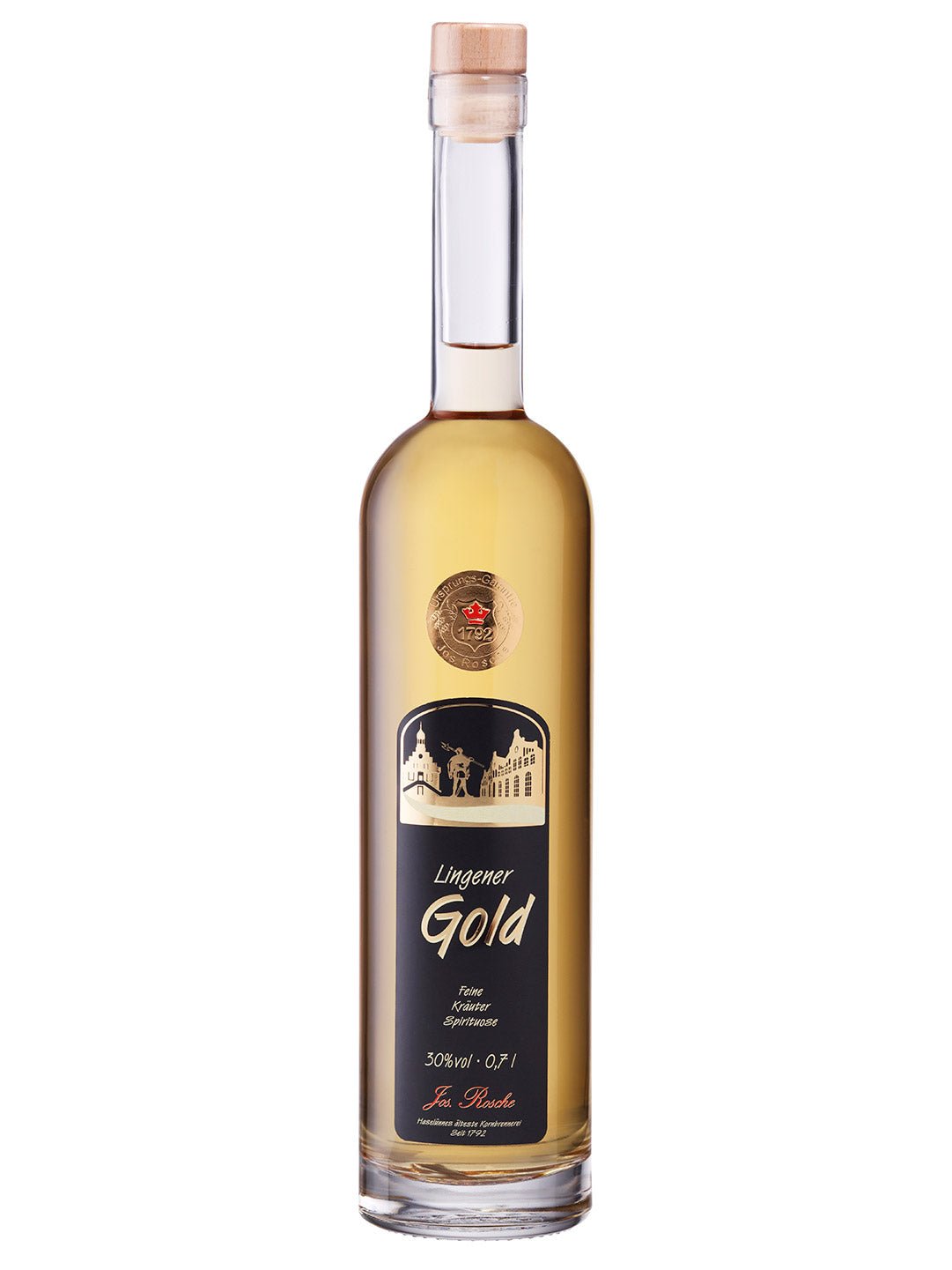 Flasche Lingener Gold Kräuterspirituose 30% Volumen, 0,7 Liter mit Holzverschluss