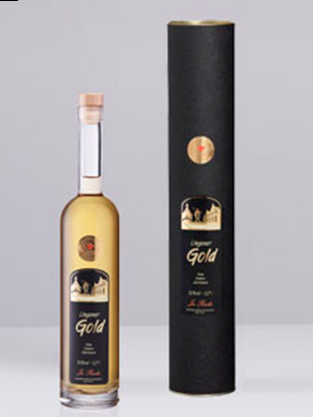 Elegante Flasche Likör Gold mit schwarzer Geschenkverpackung, edles Design, hochwertiges Getränk