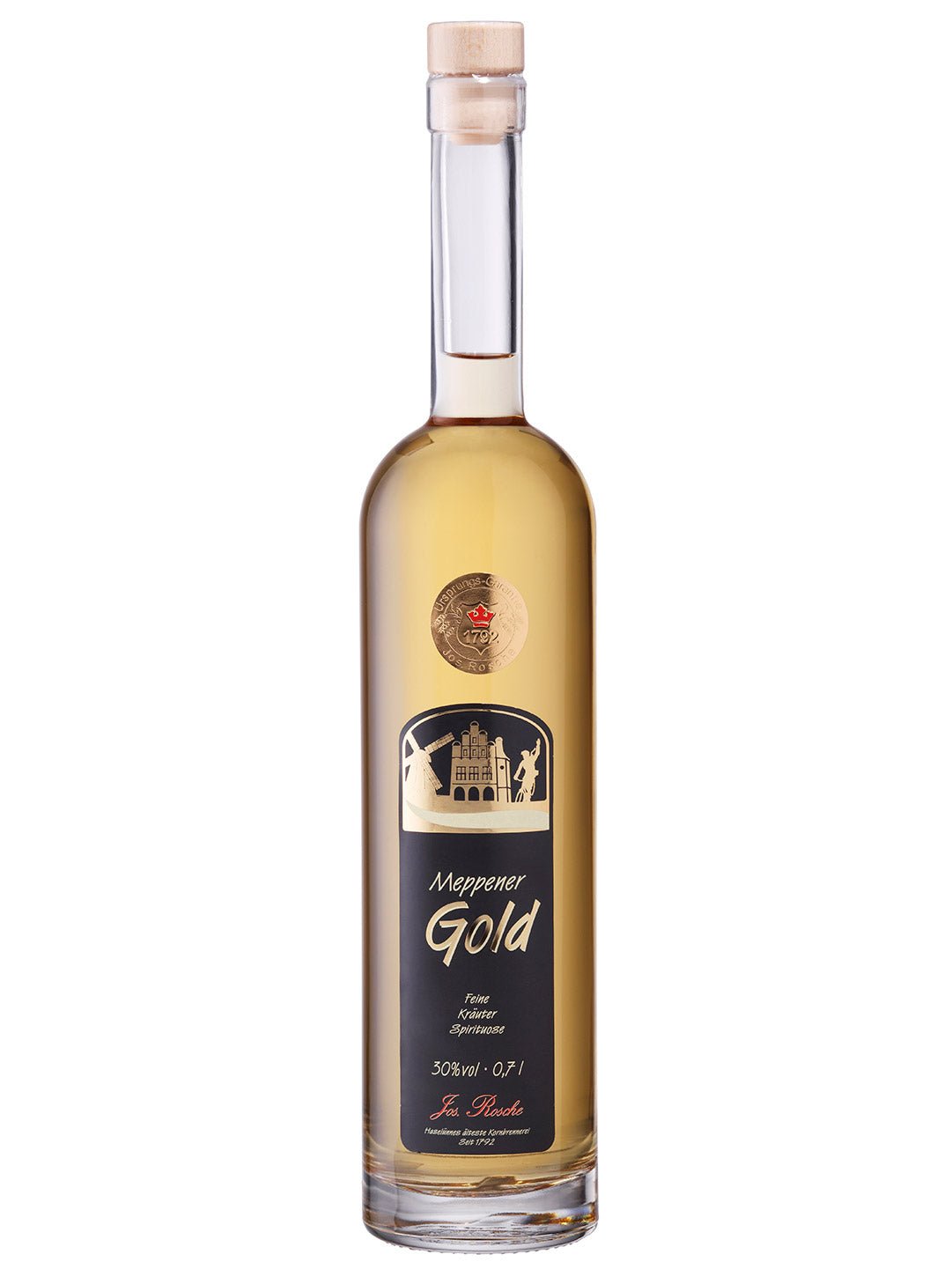 Flasche Meppener Gold Kräuter Spirituose mit 30% Vol, 0,7l, goldfarbener Likör