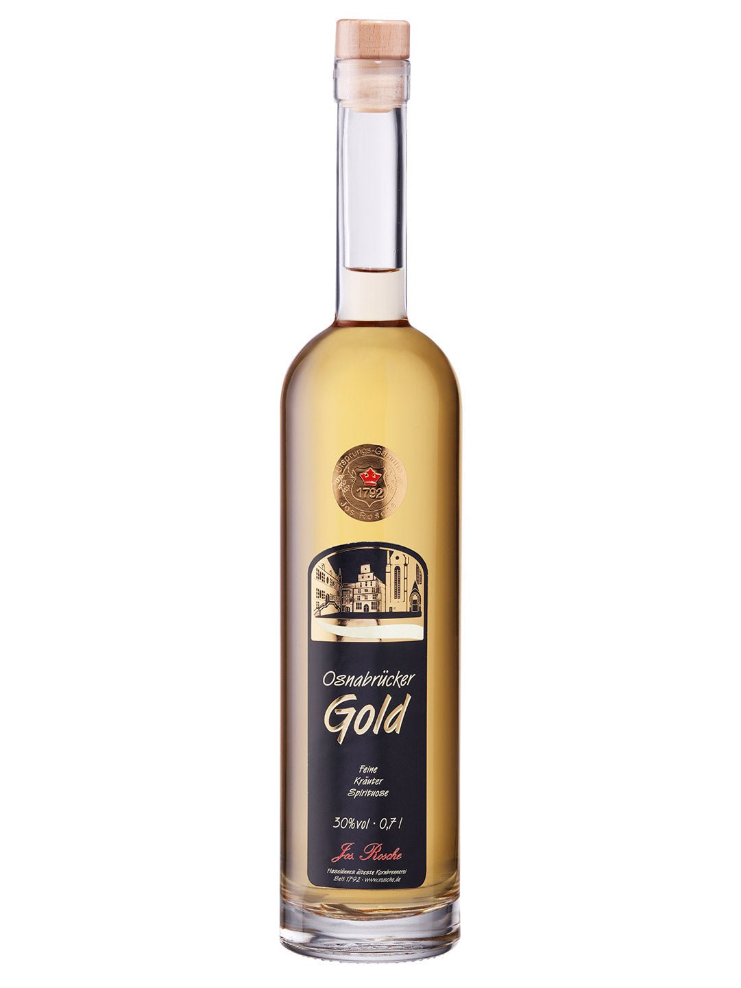 Flasche Osnabrücker Gold, feine Kräuter Spirituose, 30% vol, 0,7 l, mit Holzverschluss