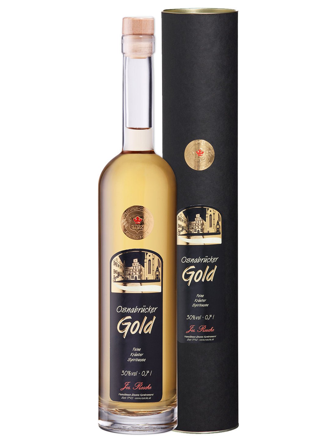 Flasche Osnabrücker Gold Kräuter-Spirituose 30% vol neben schwarzer Geschenkverpackung