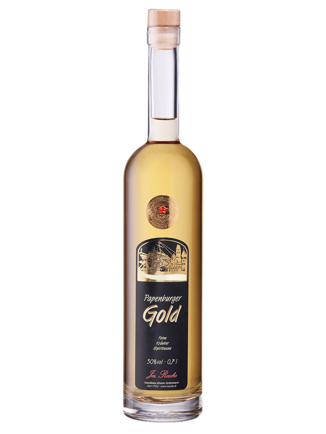 Flasche Papenburger Gold Kräuterspirituose 0,7l mit goldenem Etikett und Holzkorken