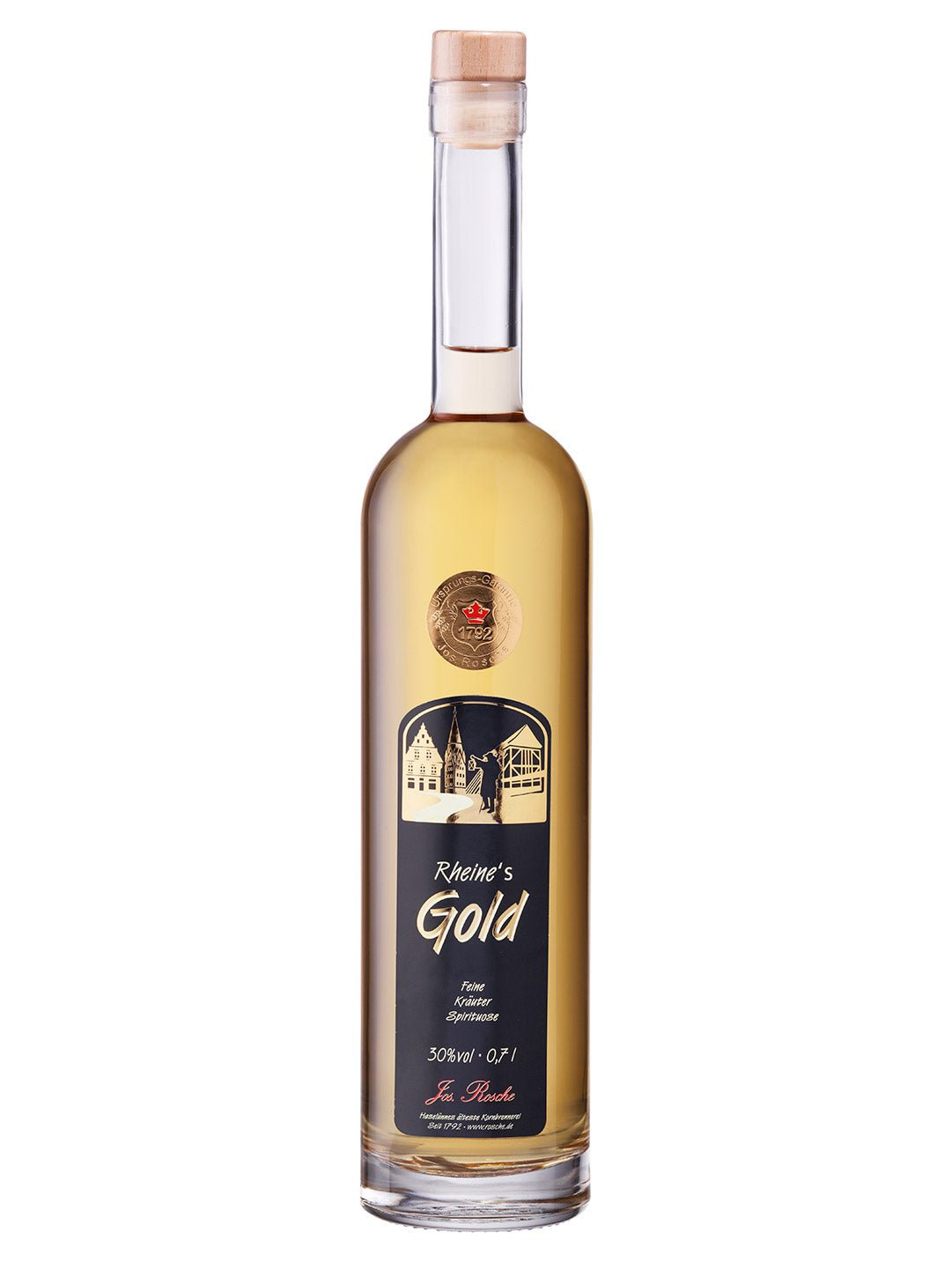 Flasche Rheine's Gold feine Kräuter Spirituose, 30% vol, 0,7 l, goldfarbener Kräuterlikör mit Holzverschluss