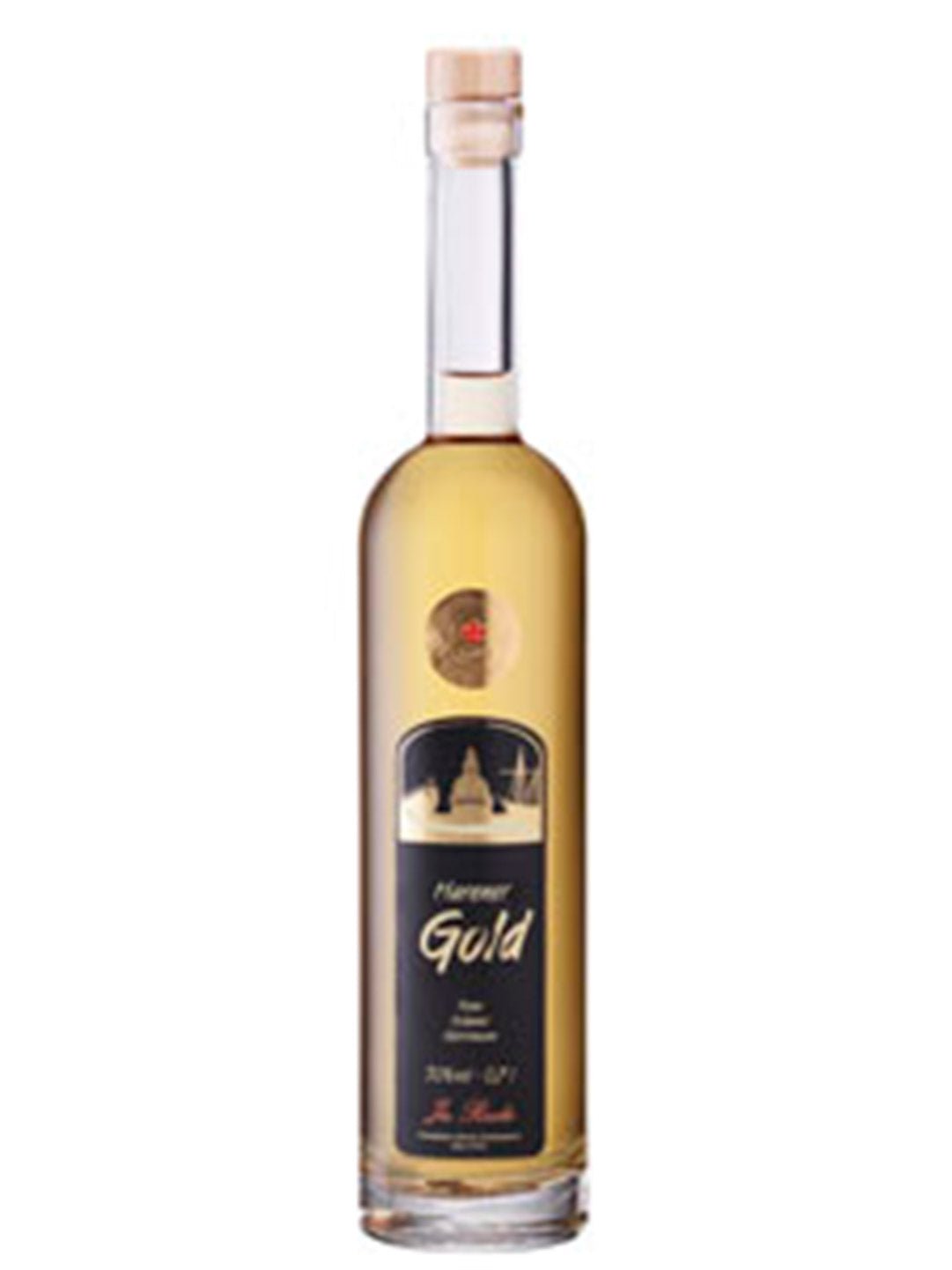 Flasche Florent Gold Likör mit goldenem Inhalt und schwarzem Etikett vor weißem Hintergrund