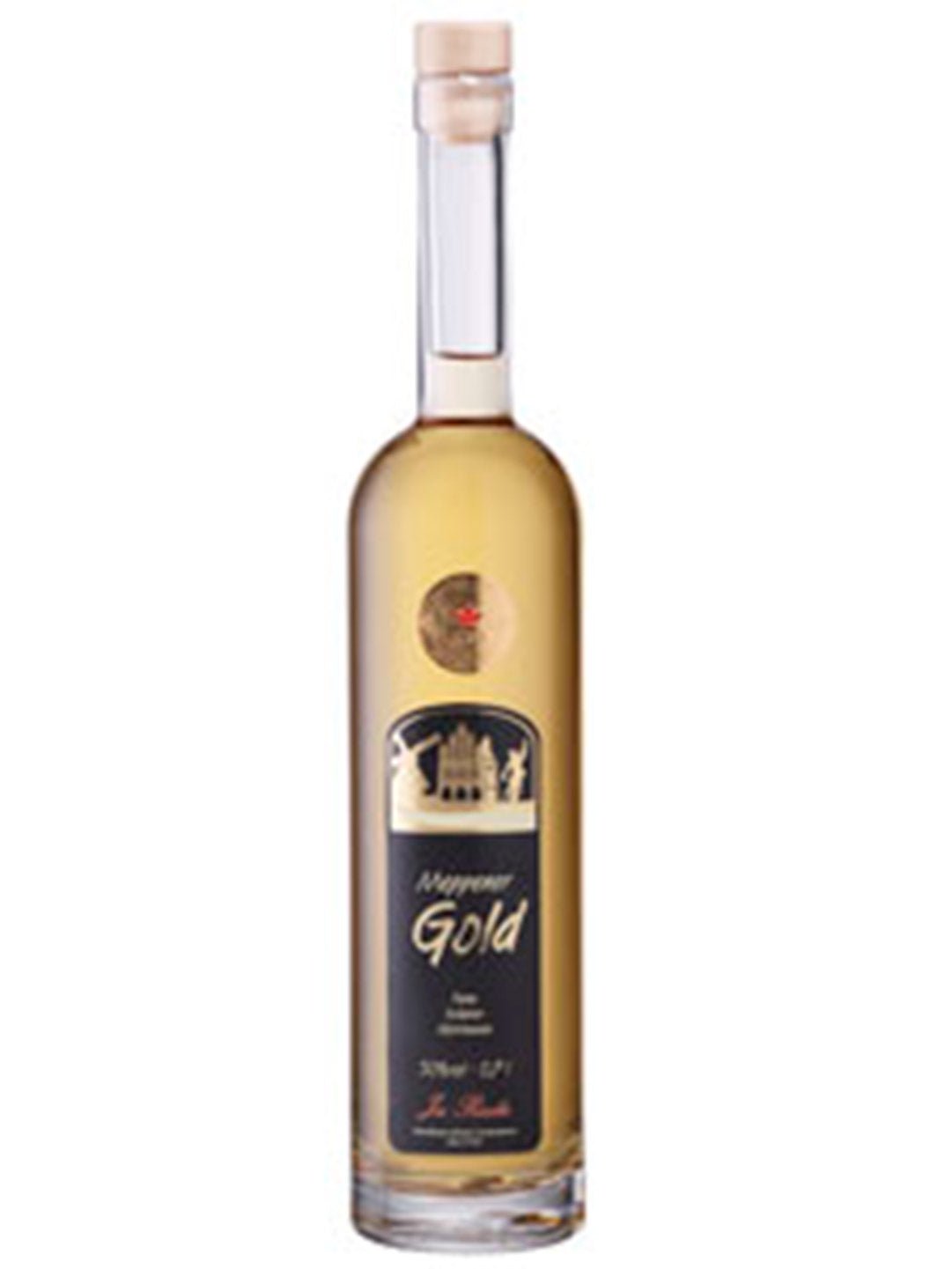 Flasche Meppener Gold Likör mit goldenem Inhalt und schwarzem Etikett