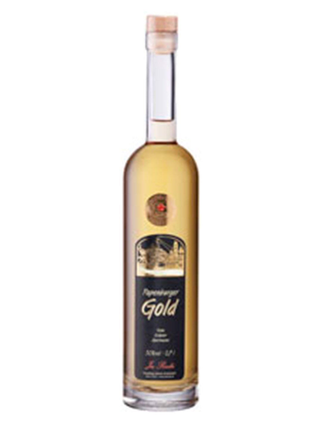 Flasche Papenburger Gold Likör mit goldenem Inhalt und Korkverschluss