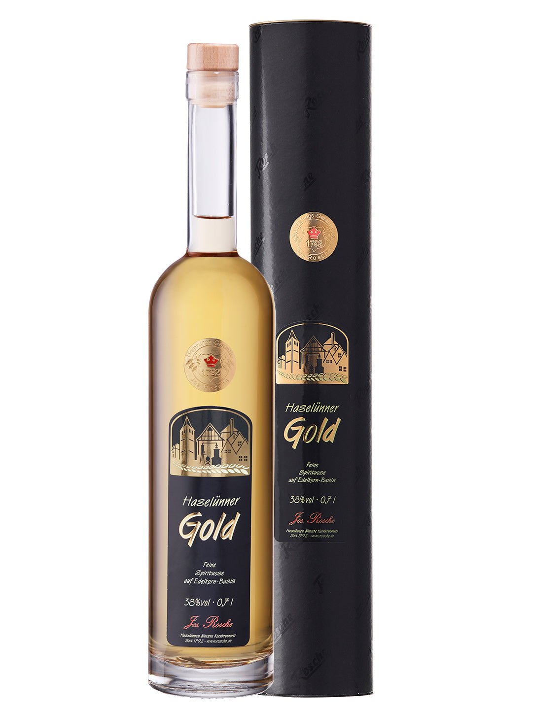 Haselünner Gold Spirituose Flasche 0,7L mit schwarzer Geschenkverpackung, 38% Vol.