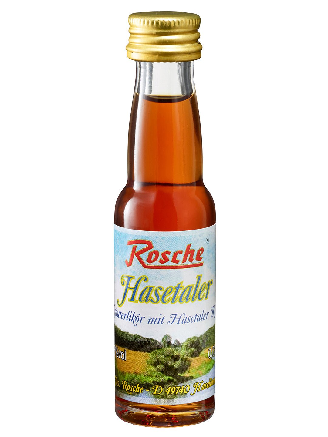Kleine Flasche Rosche Hasetaler Kräuterlikör mit goldener Verschlusskappe und Landschaftsetikett